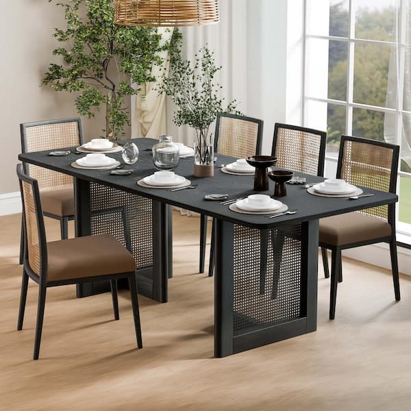 Dovelina Cinna Black Wood 79 in. Rectangle Double Pedestal Dining Table Seats 8