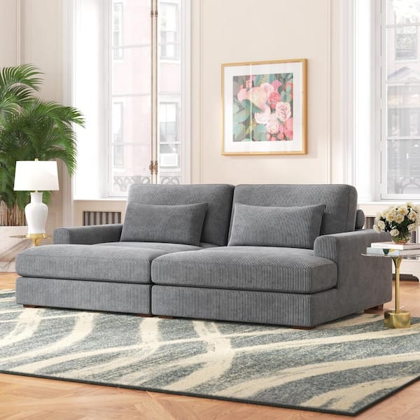 Monland 90 in. Square Arm Polyester Upholstered Rectangle Sofa Deep-Seated Oversized 2-Piece Sectional Couches in. Dark Grey