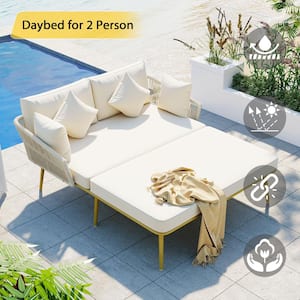 Outdoor Patio Daybed Gold of 1-Piece Metal Outdoor Day Bed with Beige Cushions for Balcony, Poolside, Set for 2 Person