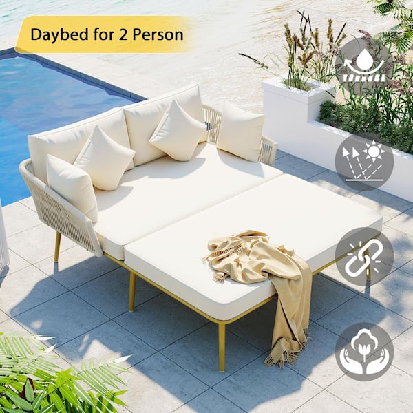 myhomore Outdoor Patio Daybed Gold of 1-Piece Metal Outdoor Day Bed with Beige Cushions for Balcony, Poolside, Set for 2 Person