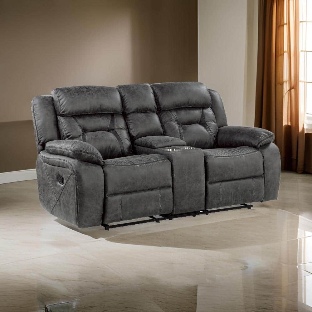 Gray Microfiber Tufted Reclining Loveseat with Cup Holder