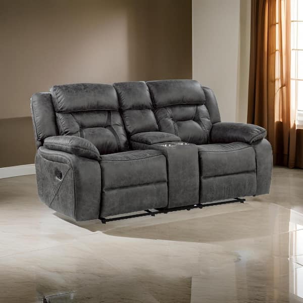 Benjara 74.5 in. Pillow Top Arm Microfiber Rectangle Loveseat Recliner Sofa in Gray