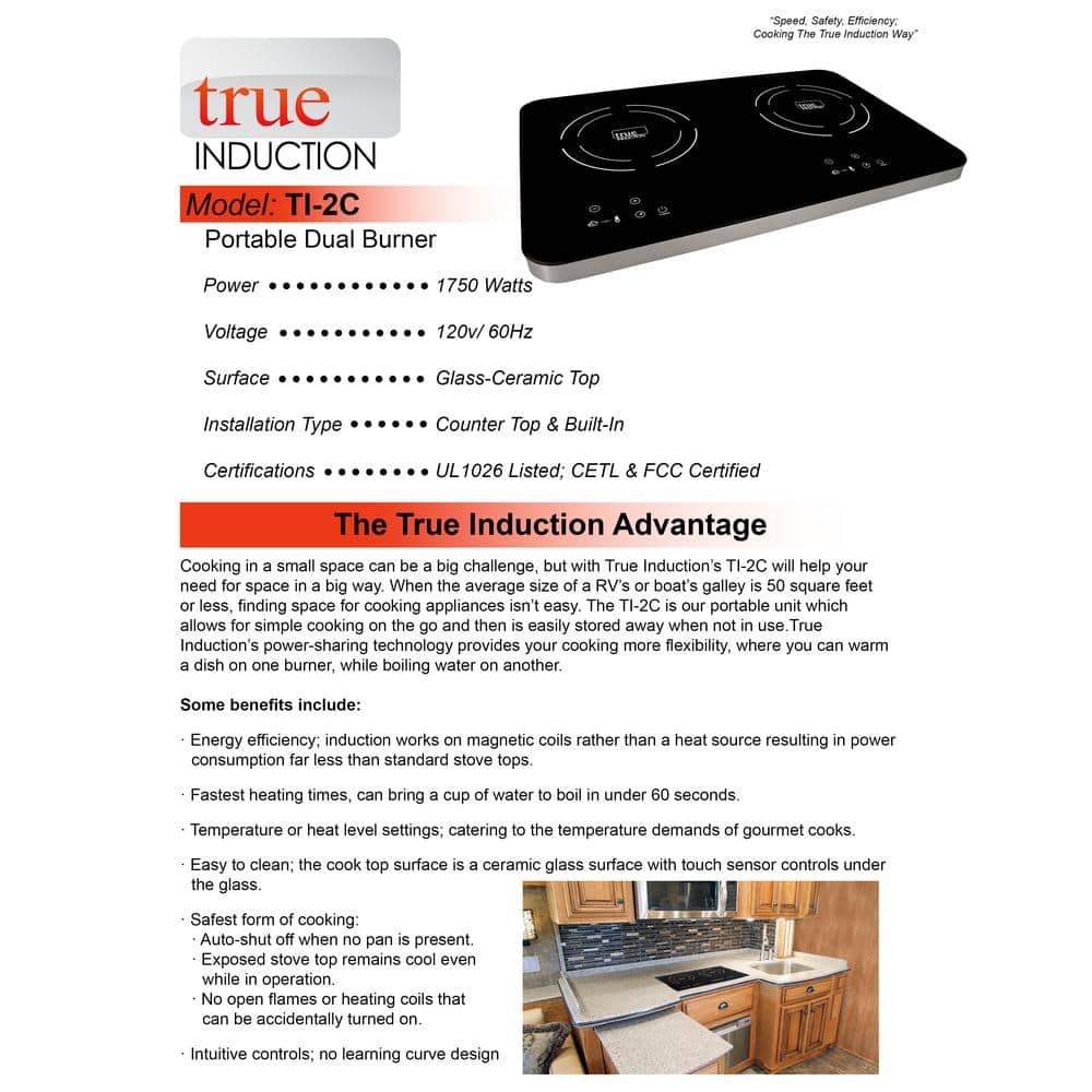 True Induction TI-2C 23in. Dual Burner Ceramic-Glass Portable Induction ...