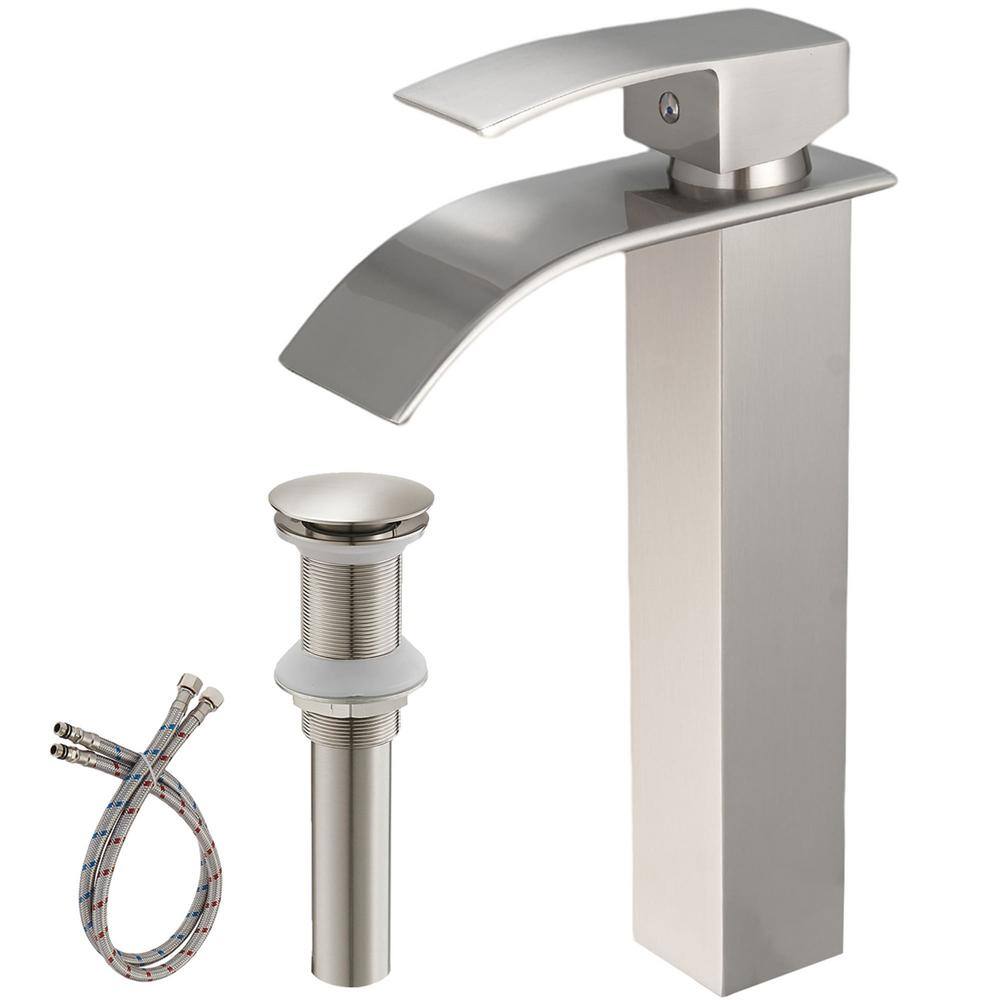 Single Handle Waterfall Bathroom Vessel Sink Faucet with Pop-Up Drain 1-Hol