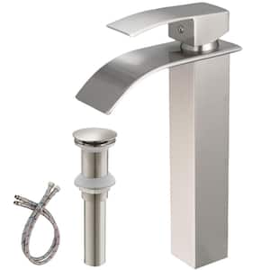 Single Handle Waterfall Bathroom Vessel Sink Faucet with Pop-Up Drain 1-Hole Brass Tall Bathroom Tap in Brushed Nickel