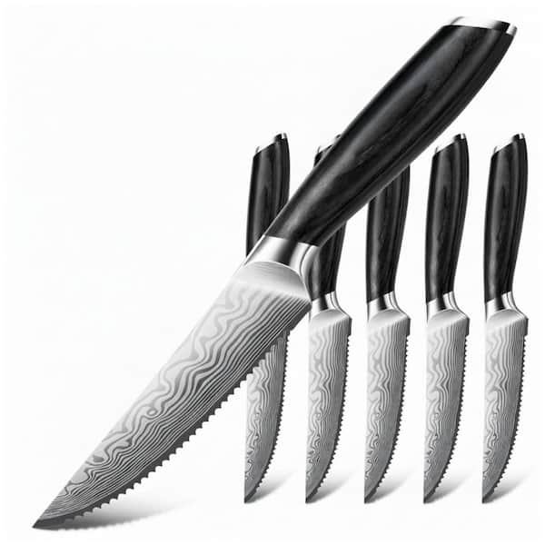 4.5in. Japanese Serrated Partial Tang Steak Knife Set, Ultra Sharp High Carbon Powder Steel w/ Pakkawood Handle Set of 6