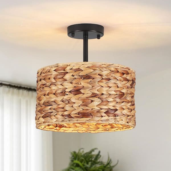 HLJYNJM 12.4 in. 1-Light Black Drum Bohemian Rattan Semi Flush Mount Ceiling Light for Kitchen Island with No Bulbs Included