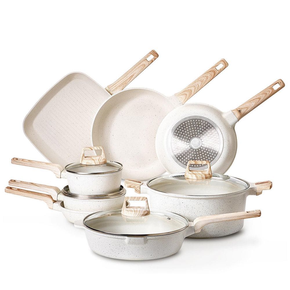 19 Piece Pots and Pans Set Nonstick, Granite Cookware Set, Induction Cookwares, Kitchen RV Cooking Sets, White Aluminum