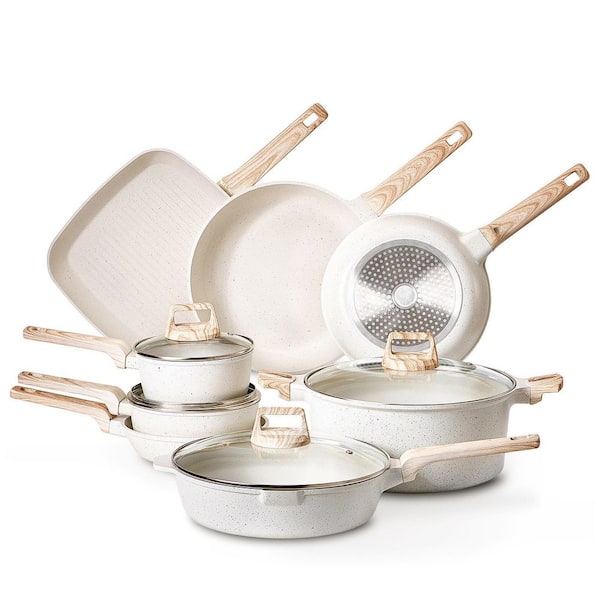 19 Piece Pots and Pans Set Nonstick, Granite Cookware Set, Induction Cookwares, Kitchen RV Cooking Sets, White Aluminum