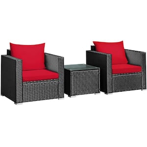 3-Pieces Wicker Patio Conversation Furniture Set with Red Cushion