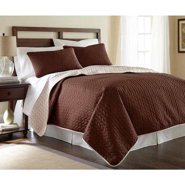 MODERN THREADS 3-Piece solid reversible coverlet set leaf deep mahogony/dew king