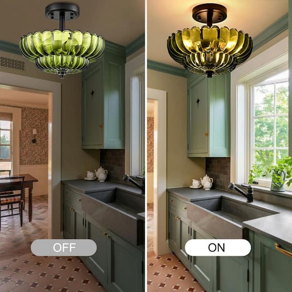 CLAXY 11.6 in. 3-light Vintage Scalloped Black Base Flush Mount