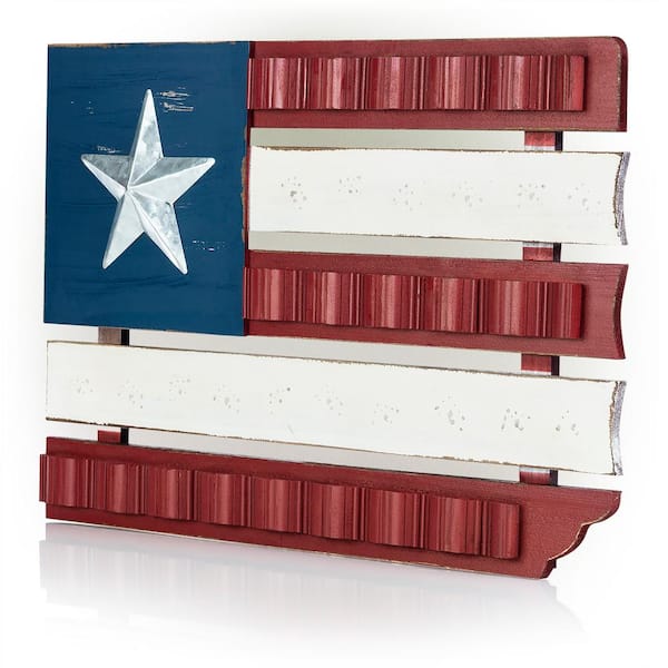 Alpine Corporation 16 in. Tall Indoor/Outdoor Wood and Metal American Flag Wall Art Decor