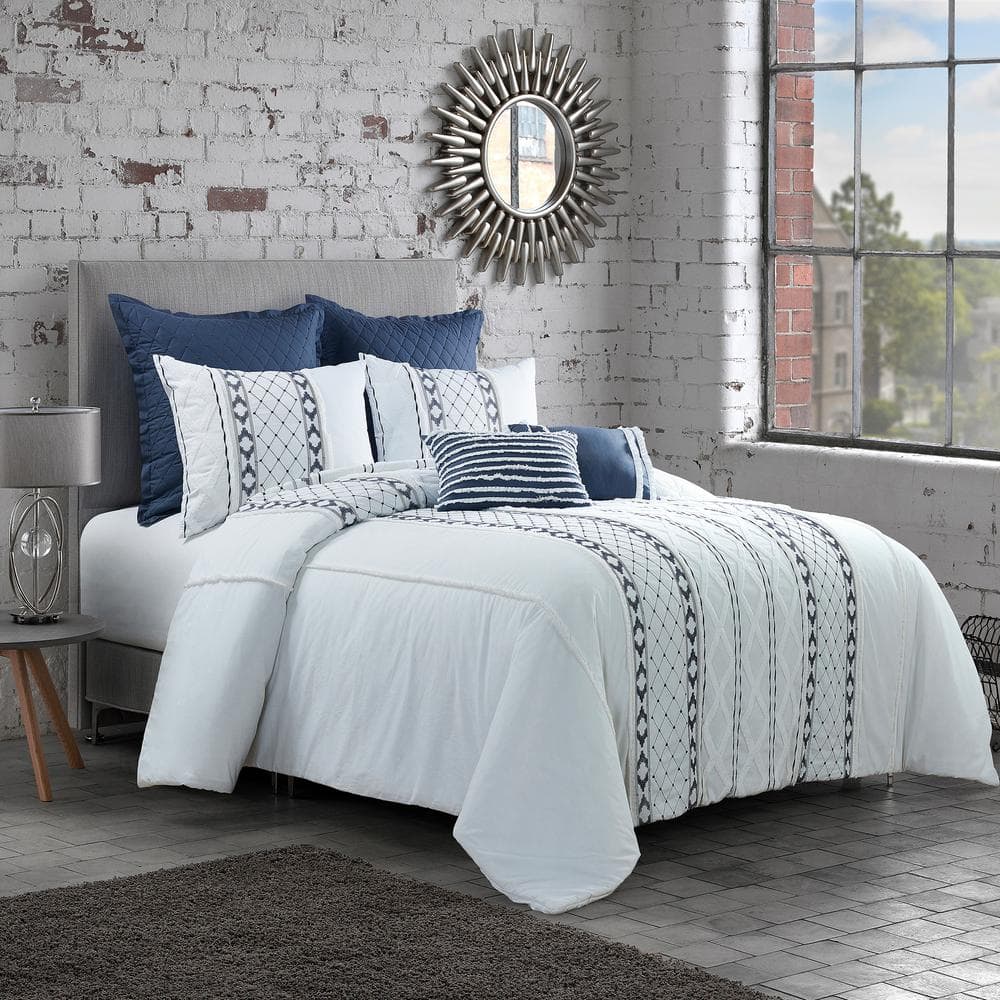 12pc Queen Delphi Embroidered Stripe Comforter & Sheets Bedding Set -  White/Gray