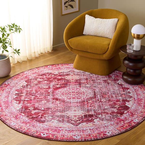 Tucson 6 ft. x 6 ft. Square Burgundy/Pink Abstract Medallion Border Washable Area Rug
