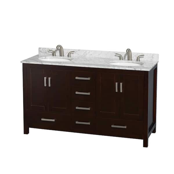 Wyndham Collection Sheffield 60 in. W x 22 in. D x 35 in. H Double Bath Vanity in Espresso with White Carrara Marble Top