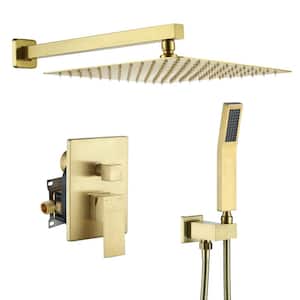 1-Spray Patterns with 2.5 GPM 12 in. Square Wall Mount Dual Shower Heads with Pressure Balance Valve in Brushed Gold
