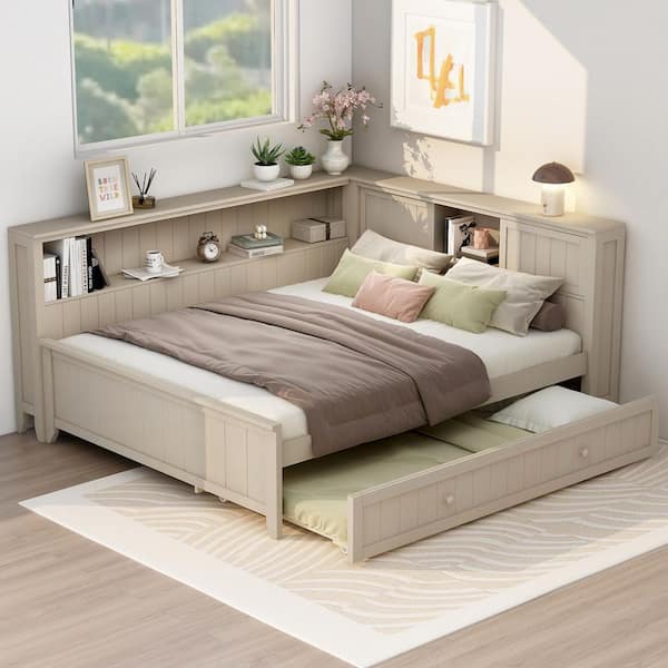 Antique White Milk Full Size Wood Daybed with Storage Shelves and Trundle