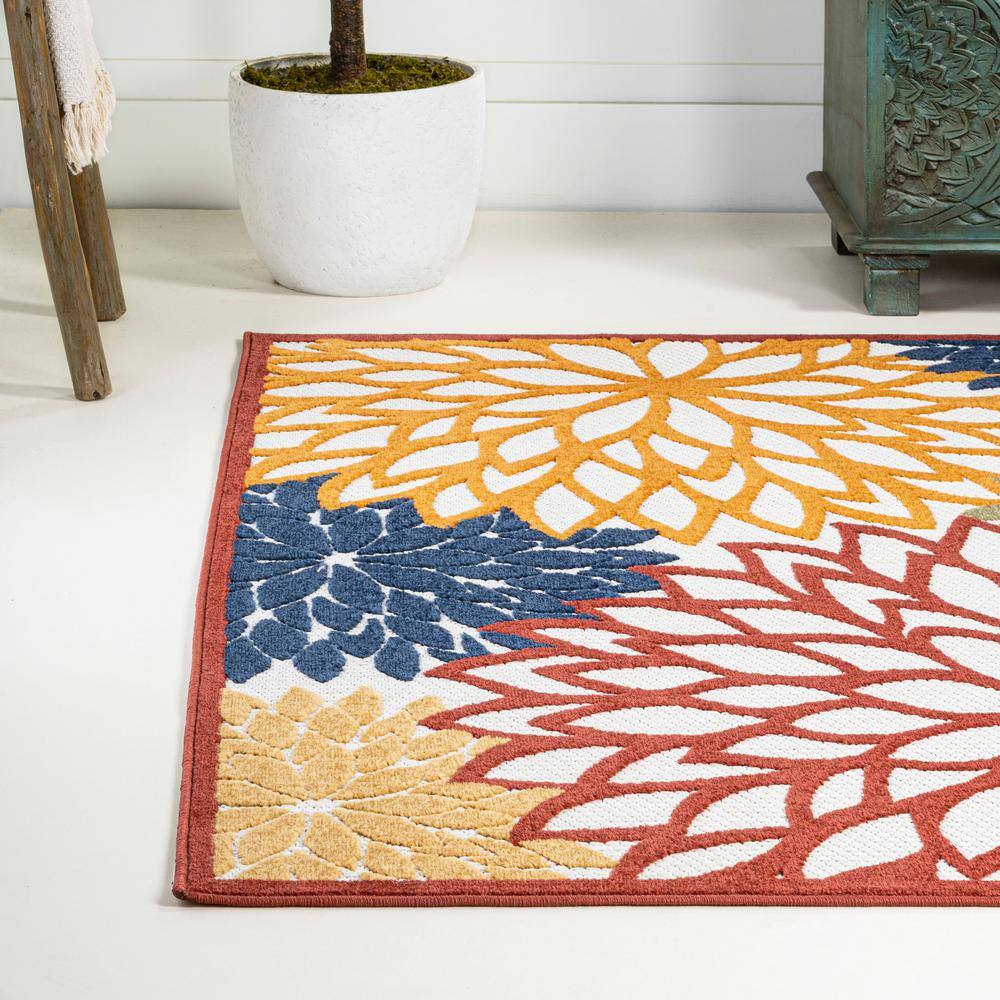 Minori Cream Red Blue Floral Synthetic Indoor Outdoor Rug