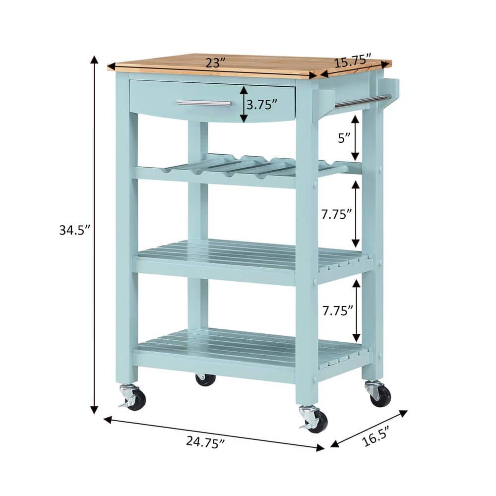 Sea Foam Blue Wood Butcher Block Kitchen Cart with Wine Rack