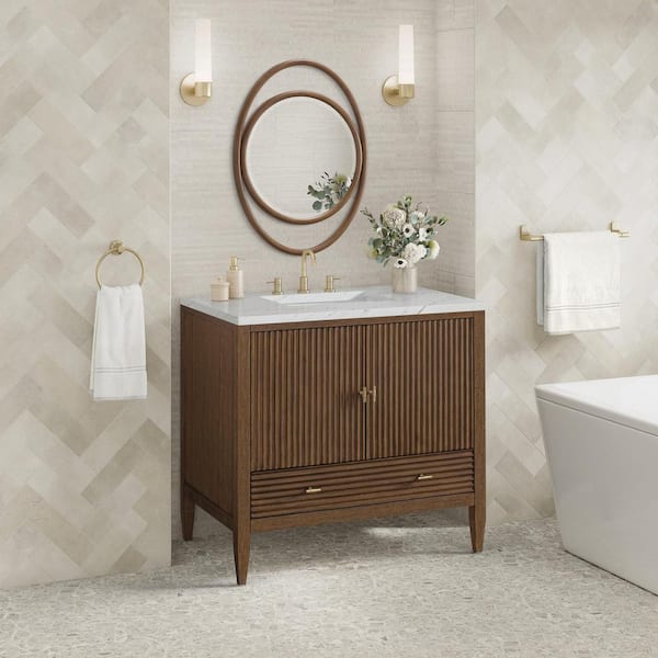 James Martin Vanities Myrrin 36.0 in. W x 23.5 in. D x 34.06 in. H Single Bathroom Vanity Mid-Century Walnut and Ethereal Noctis Quartz Top