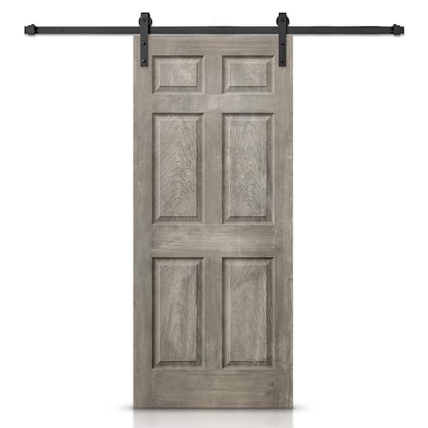 CALHOME 36 in. x 80 in. Vintage Gray Stain Composite MDF 6 Panel Interior Sliding Barn Door with Hardware Kit