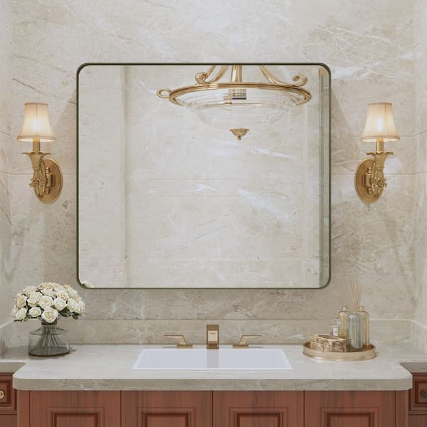 36 in. W x 32 in. H Rectangular Framed Wall Mounted Bathroom Vanity Mirror in Brushed Bronze