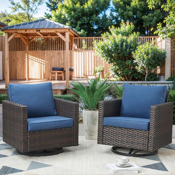 Gymojoy Valenta 2-Person Patio Swivel Chair Brown Wicker Outdoor Glider with Blue Cushions