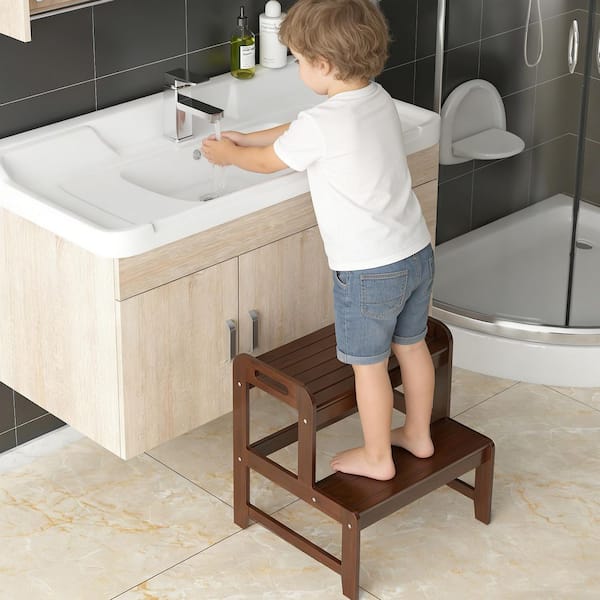 17.13 in. Brown Kids Step Stool, Kitchen Toddler Helper, 2-Step Bamboo Step Stool with Safety Handles