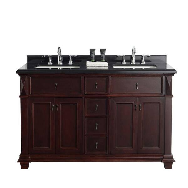 Belle Foret Kathy 60 in. W x 22 in. D Vanity in Chocolate with a Granite Vanity Top in Black with White Basins