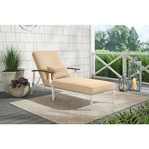 Marina Point White Steel Outdoor Patio Chaise Lounge with Sunbrella Beige Tan Cushions