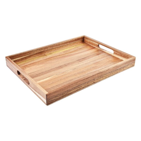 17.5 in. x 12 in. x 1.6 in. Acacia Wood Serving Tray with Handles for Lunch, Dinner, Patio, Coffee Table, BBQ, Brown