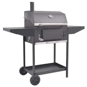 Portable Charcoal/Wood Grill in Black Finish BBQ Charcoal Smoker with Built-in Thermometer, Bottom Shelf and 2 Wheels