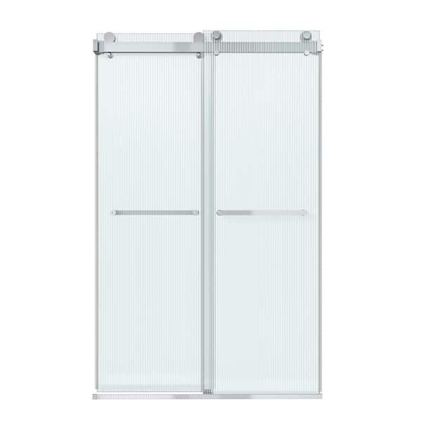 48 in. W x 76 in. H Framless Double Sliding Shower Door in Chrome with 3/8 in. (10 mm) Fluted Glass