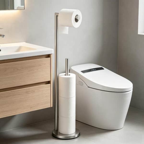 Toilet Paper Holder Stand with Brushed Nickel and Free Standing for Toilet Paper Storage, Brushed Nickel (1-Pack)