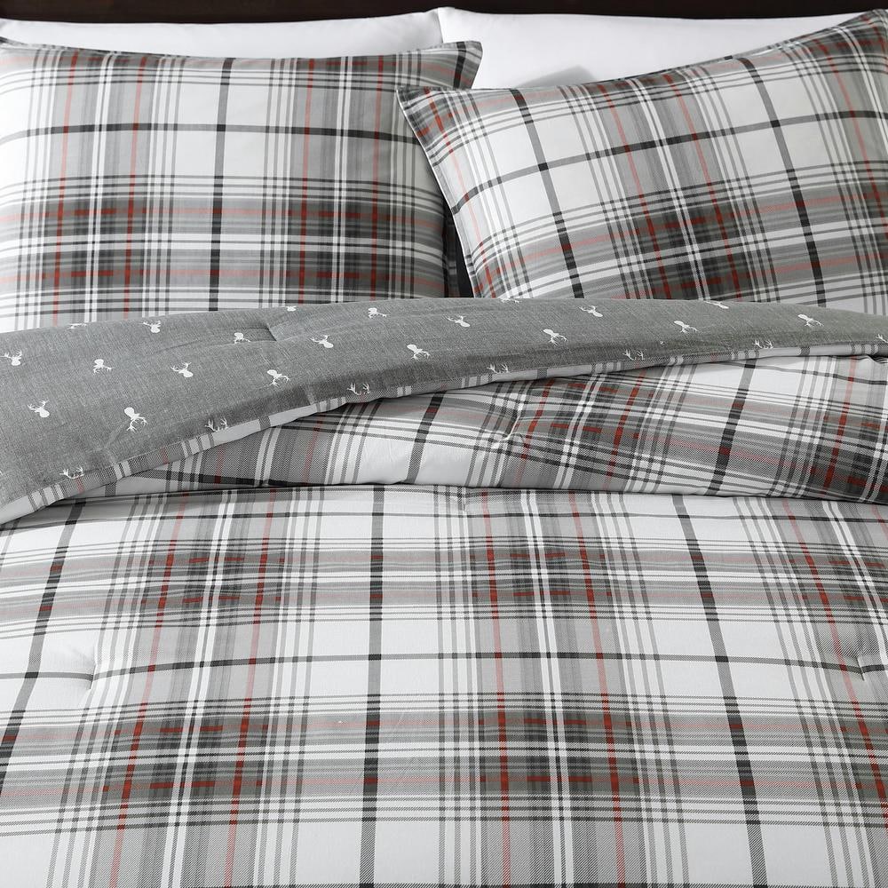 Queen Gray and Red Plaid Cotton Duvet Cover Set