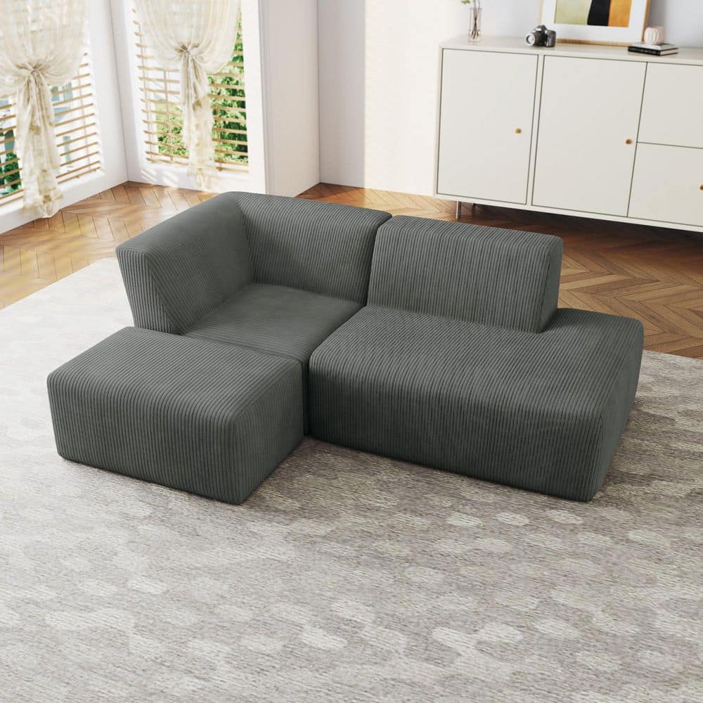 86.55 in. Modern Square Arm 3-Piece Corduroy L-Shaped Sectional Sofa in Gray with Ottoman