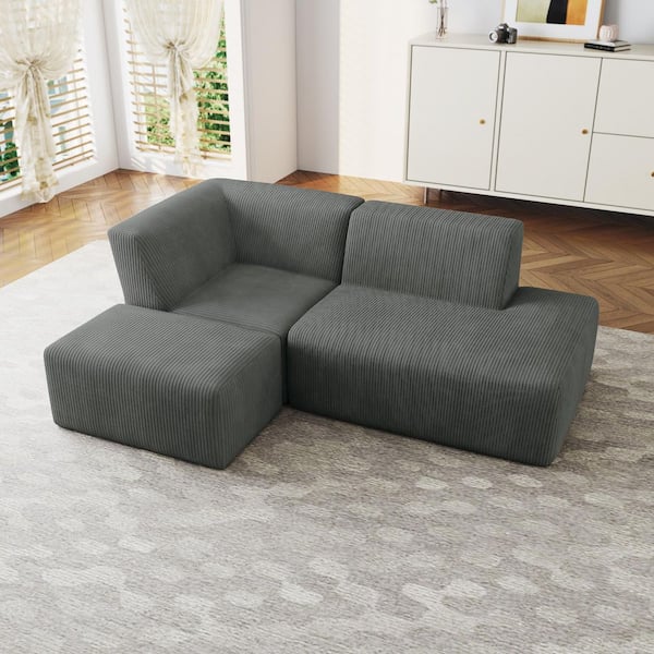 86.55 in. Modern Square Arm 3-Piece Corduroy L-Shaped Sectional Sofa in Gray with Ottoman