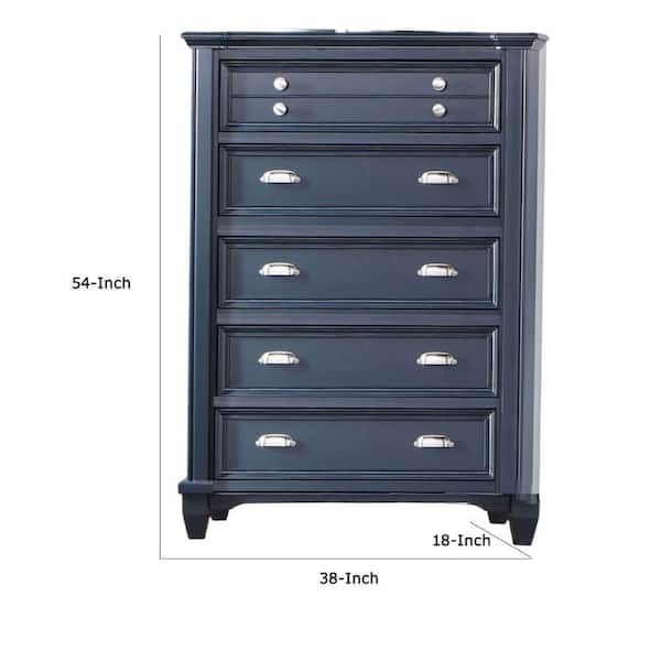 Zeny Tall Dresser Chest, 5 Drawers, Nickel Handles, Slate Blue Wood