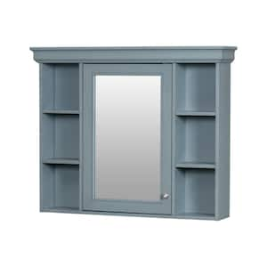 35 in. W x 28 in. H Rectangular Gray Blue Wood Bathroom Medicine Cabinet with Mirror, Soft Close Door, Open Shelf