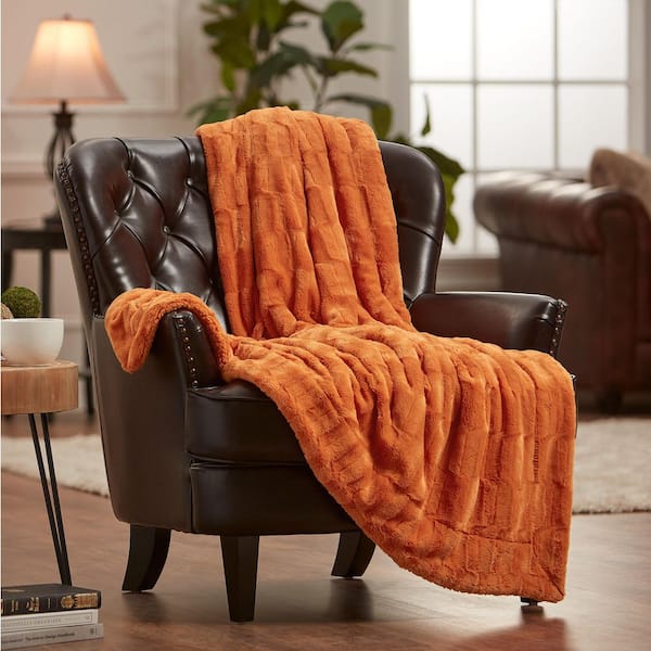 Embossed Orange Fur Polyester Sherpa Shearling Throw Blanket - 60 in. x 70 in.