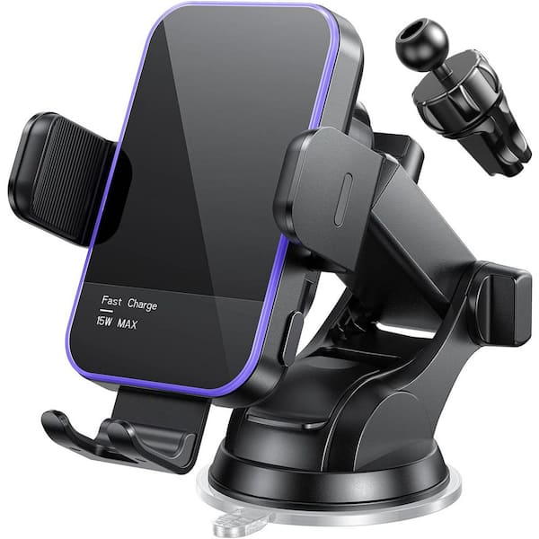 OBJLGEV 15W Wireless Car Charger Auto Clamping Phone Holder with RGB Backlit for iPhone and Samsung in Black