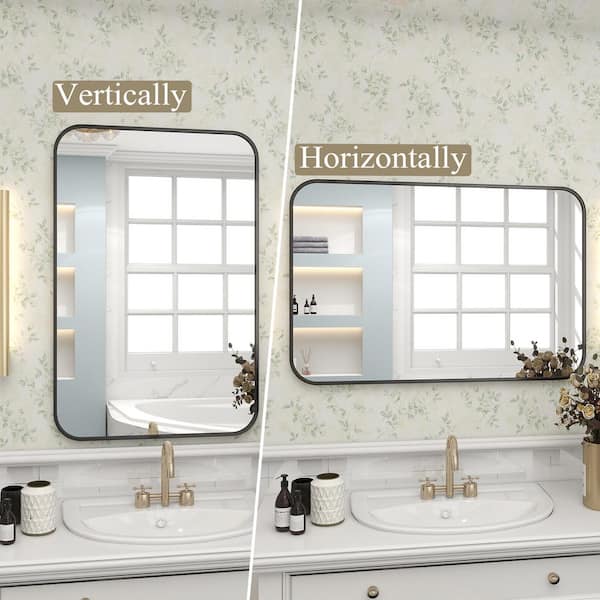 26 in. W x 38 in. H Rectangular Aluminum Alloy Framed Rounded Black Wall Mirror