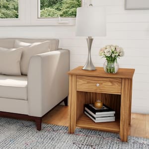 20 in. Wide Brown Woodgrain Square Wooden End Table with Drawer and Silver Handle