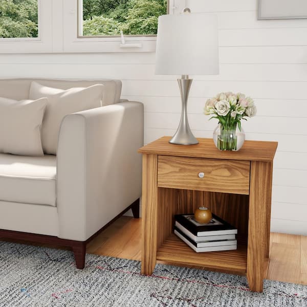 Lavish Home 20 in. Wide Brown Woodgrain Square Wooden End Table with Drawer and Silver Handle