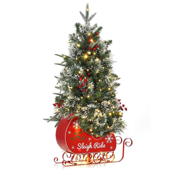 3 ft. Pre-Lit Artificial Christmas Tree 78 Lights Faux Mini Christmas Tree with 8 Mode, Red Berries Sleigh Base, 1-Piece