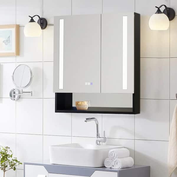 Satico 30 in. W x 32 in. H Rectangular Silver Aluminum Surface Mount Dimmable LED Medicine Cabinet with Mirror