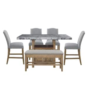 Grayson 60 in. Rectangular Gray Marble Counter Height Dining Set with 4-Upholstered Chairs and 1-Bench