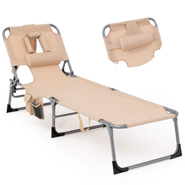 HONEY JOY Beach Lounge Chair Outdoor Recliner with 5-Adjustable Positions Detachable Pillow and Hand Ropes Beige