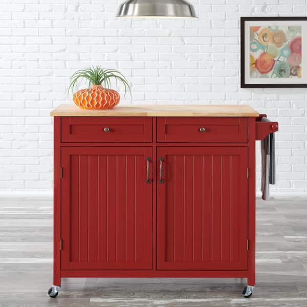 StyleWell Bainport Chili Red Wooden Rolling Kitchen Cart with Butcher Block Top and Double-Drawer Storage (44" W)